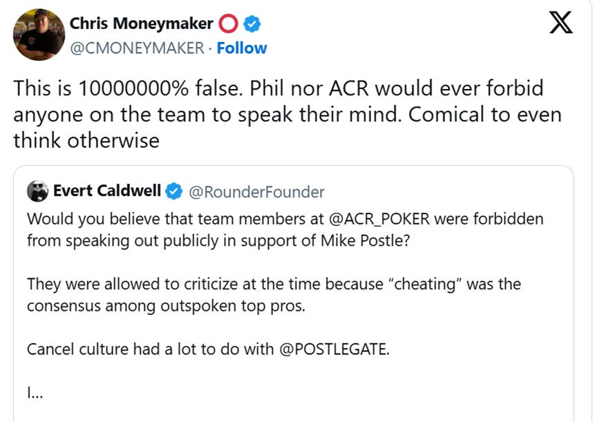 Chris Moneymaker驳斥ACR禁言指控，Mike Postle作弊争议再升温