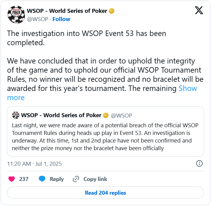 WSOP对串通作弊事件调查做出历史性决定：不发放金手链！