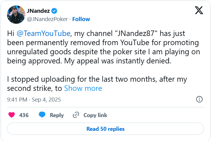 YouTube继续针对扑克内容创作者，长期账号被封