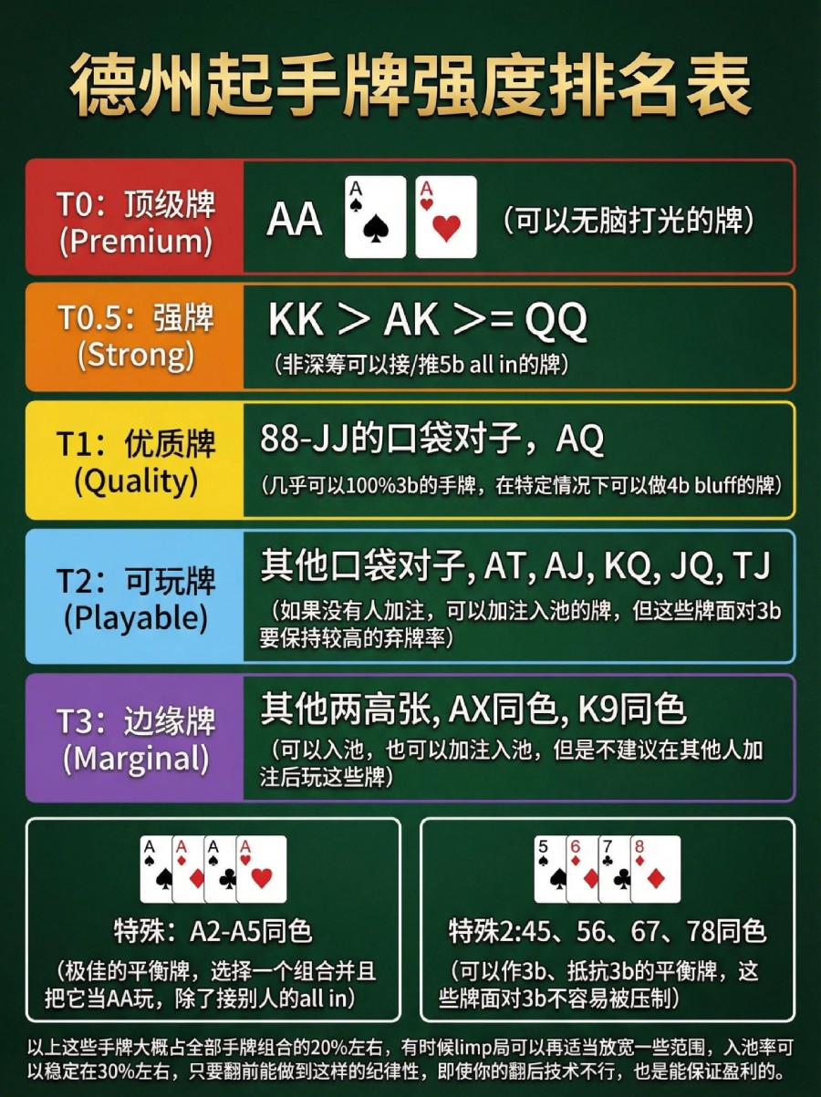 德州起手牌强度排名表，新手照着玩就能赢