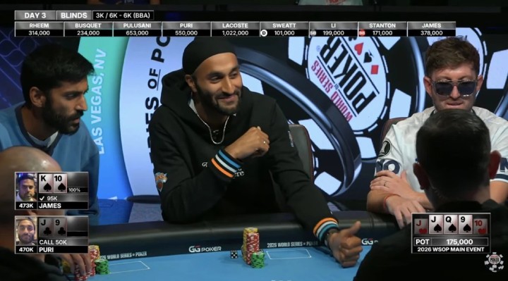 WSOP主赛J高葫芦撞上同花顺,能死里逃生吗?