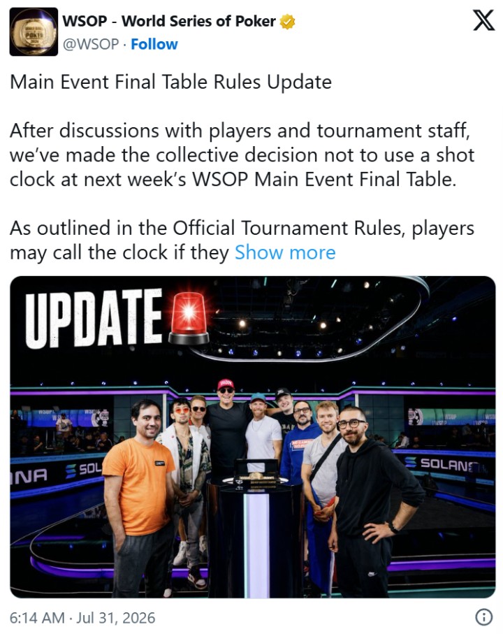 WSOP宣布:决赛桌取消行动计时器